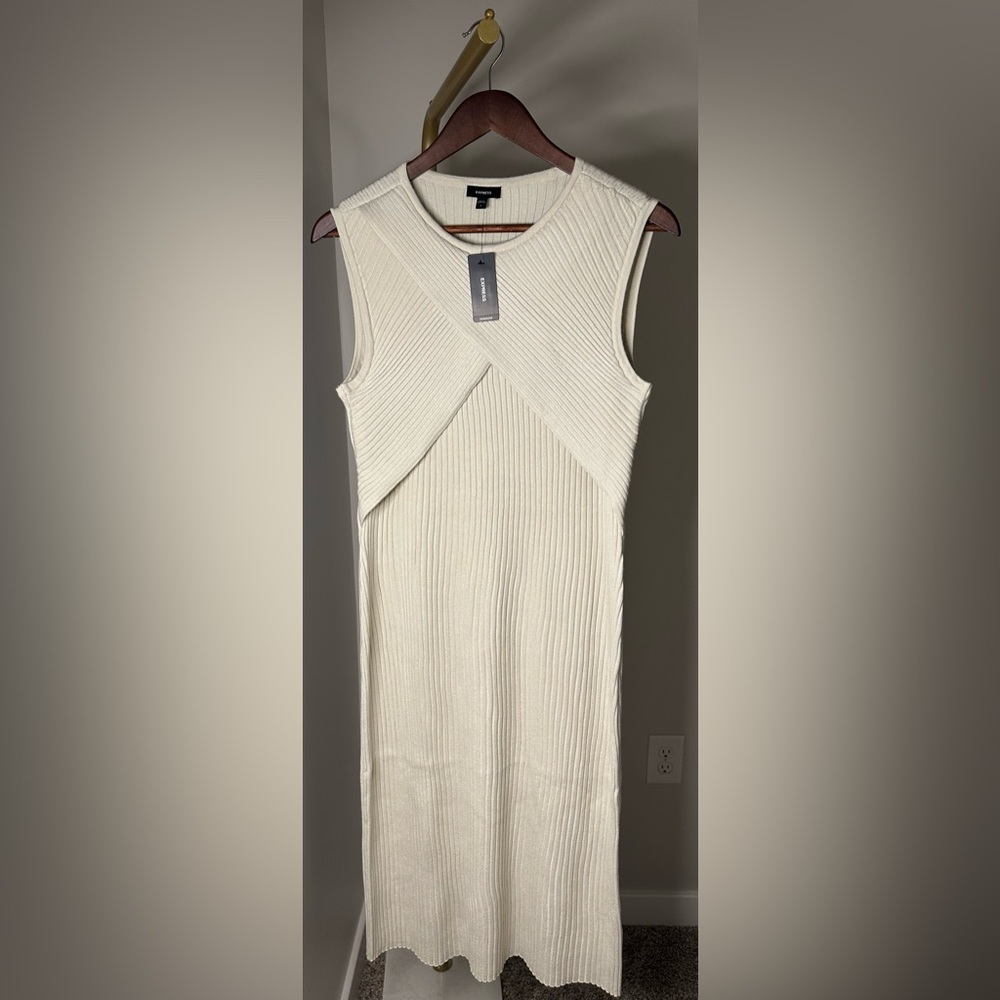 NWT! Express Ribbed Crew Neck Crossover Sleeveless Midi Sweater Dress - Picture 5 of 9
